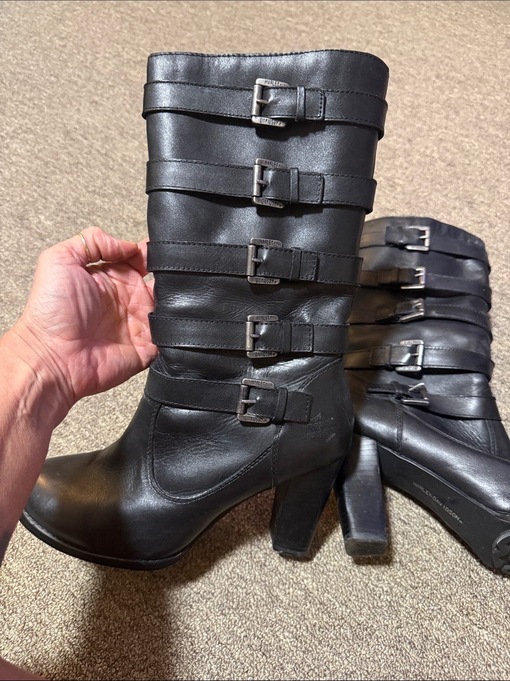 Harley-Davidson Black Leather Mid-Calf Buckle Boots